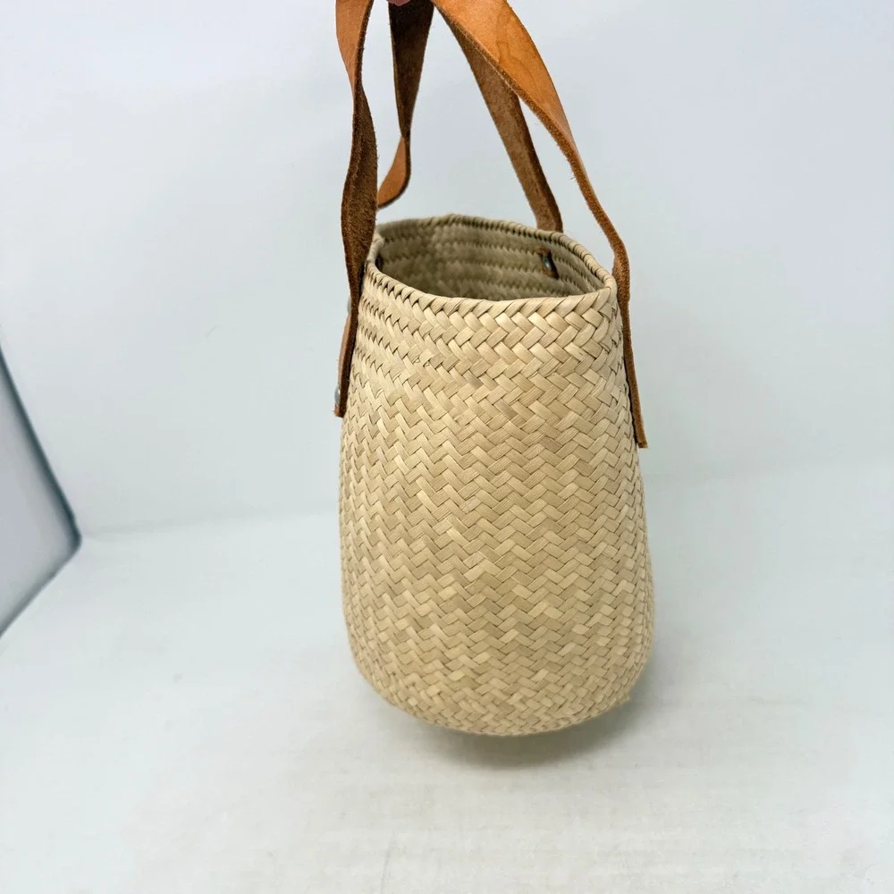 Unbranded Woven Straw Tote Bag Tan Small Beach Summer Boho Basket Leather Handle